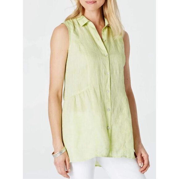 J. Jill Love Linen Peplum Back Tuniс Green size Medium Sleeveless Button Front - Picture 1 of 9